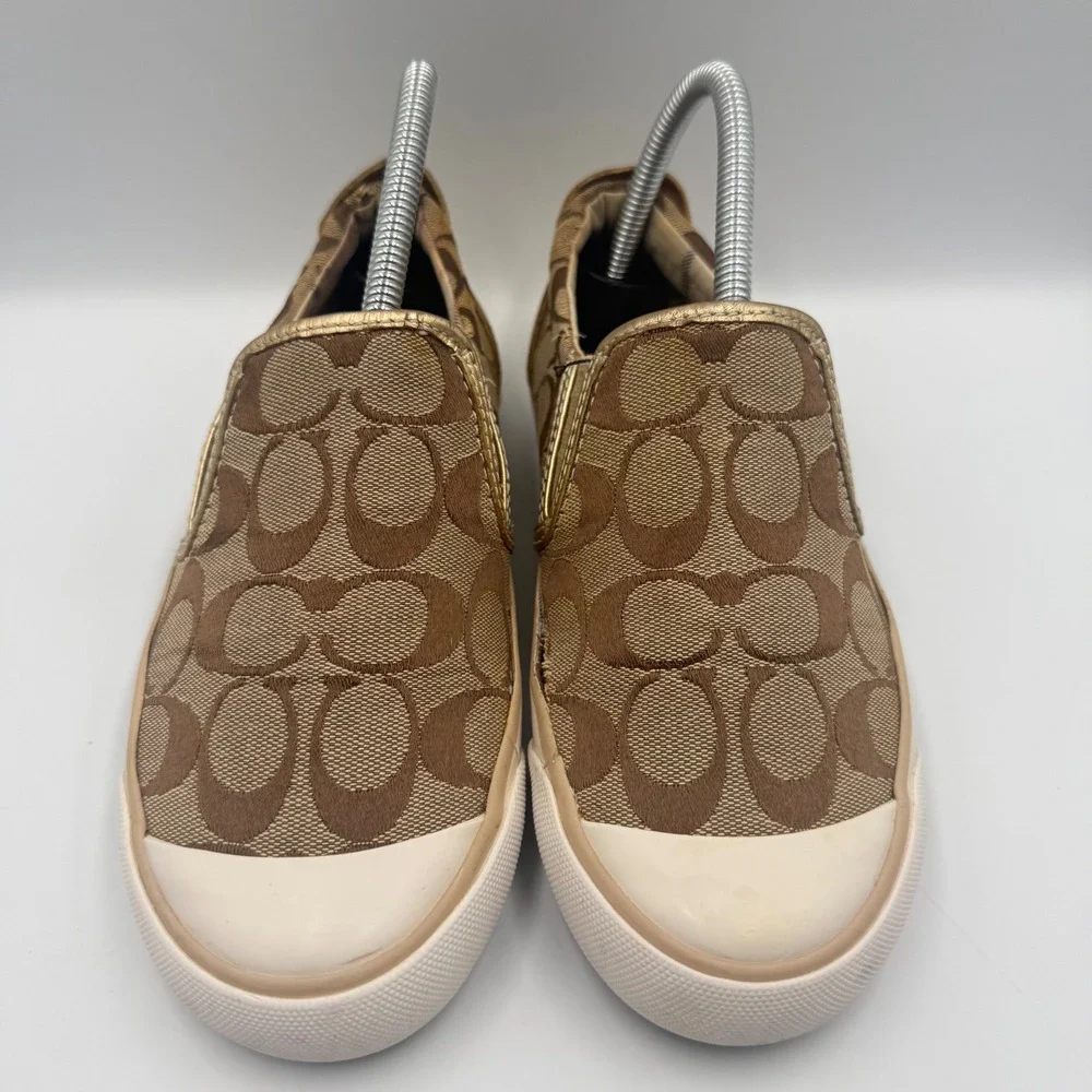 Coach Barrett Womens Size 7 Slip On Sneakers Monogram Canvas Metallic Gold Brown